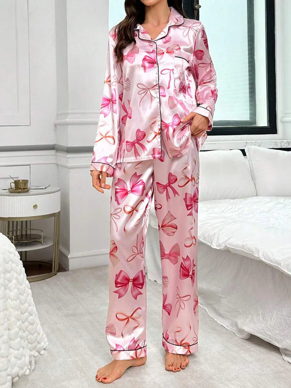 Women’s Pink  Bow Print Lycra Blend Pajama Set