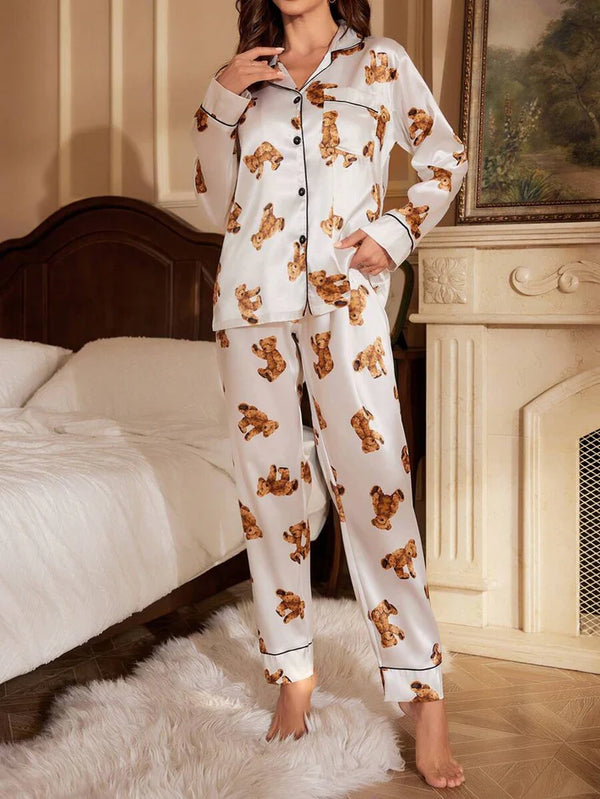 Women’s White Teddy Print Lycra Blend Pajama Set