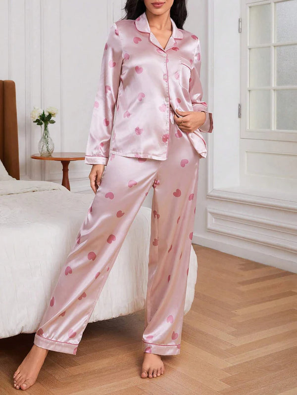 Women’s Pink Heart Print Lycra Blend Night Suit