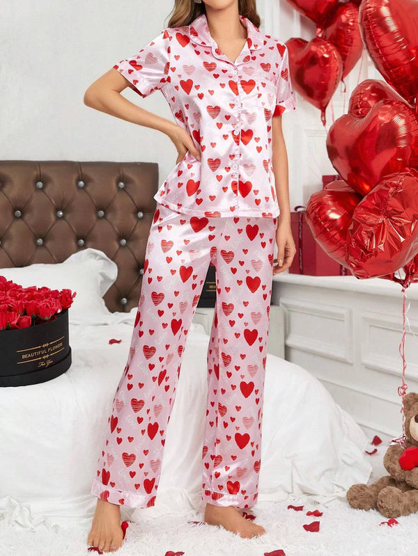 Women's Pink & Red Heart Print Lycra Blend Night Suit