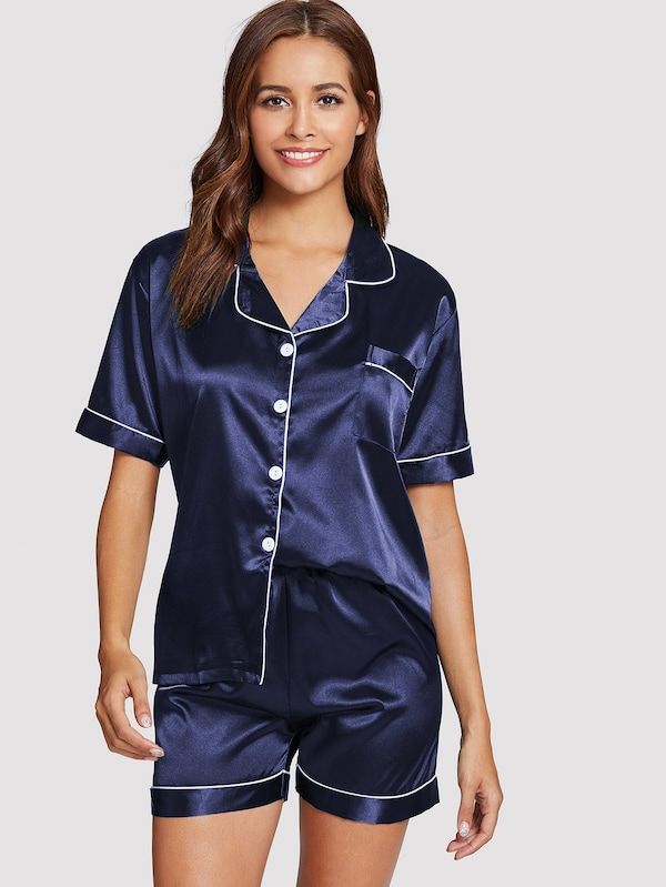 Women's Night Suit with Royal Blue Satin Shorts