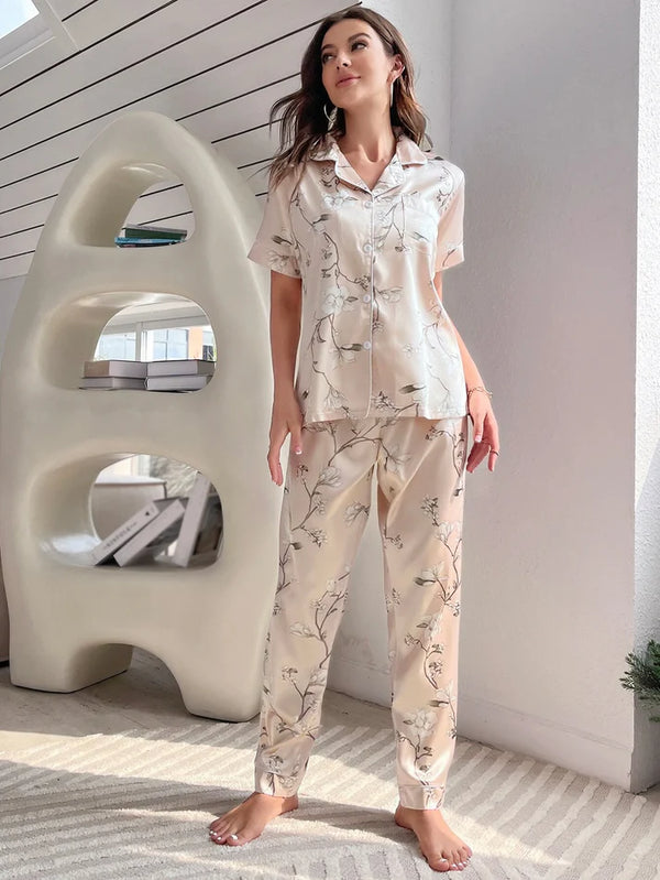 Women's Beige Floral Print Lycra Blend  Night Suit
