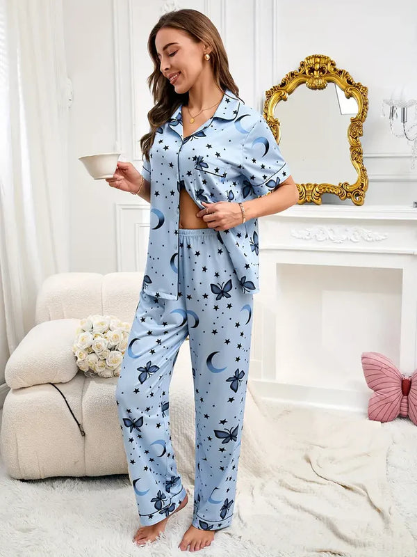 Women’s Lycra Blend Printed Night Suit – Moon & Butterfly Design