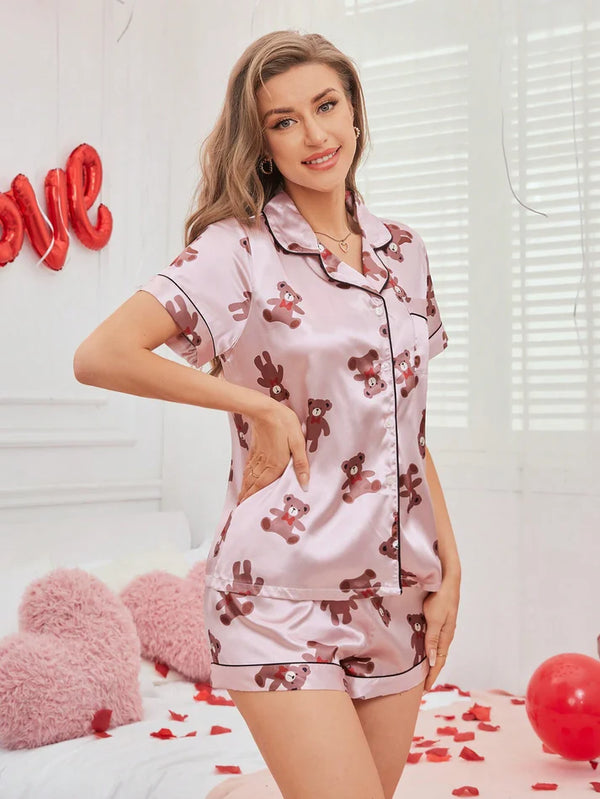 Women’s Pink Teddy Bear Print Lycra Blend Short Pajama Set